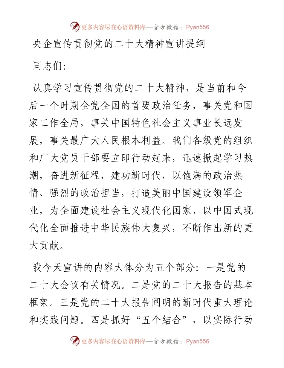 央企宣传贯彻党的二十大精神宣讲提纲.docx_第1页