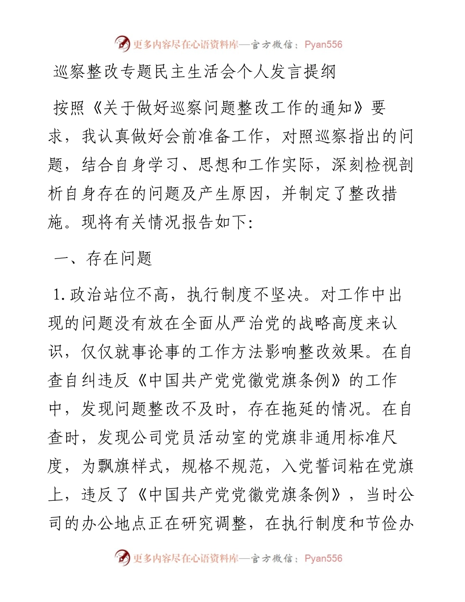 巡察整改专题民主生活会个人发言提纲.docx_第1页
