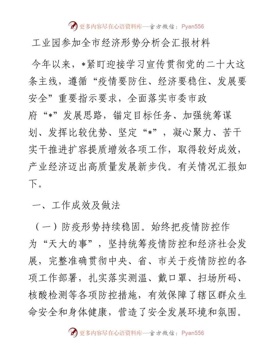 工业园参加全市经济形势分析会汇报材料.docx_第1页