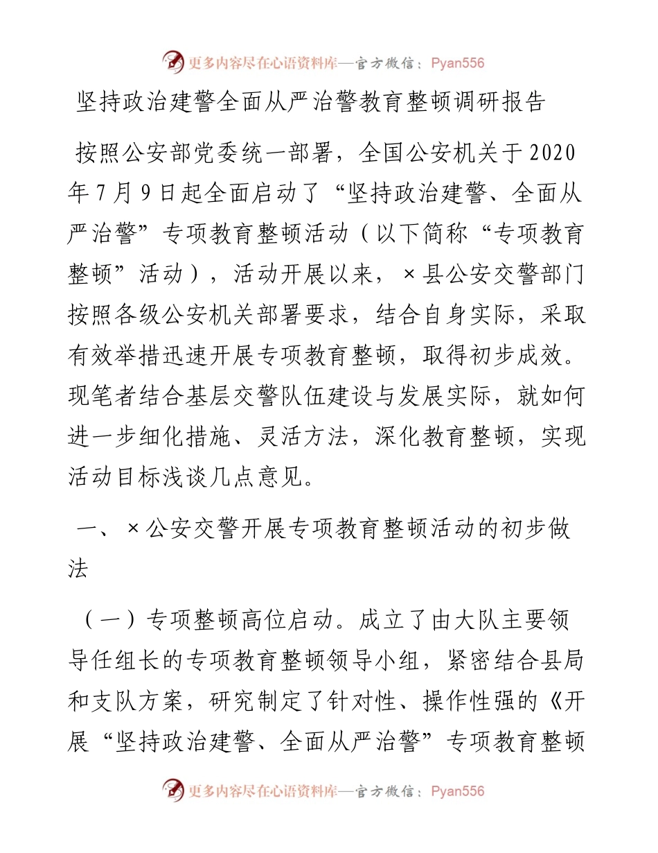 坚持政治建警全面从严治警教育整顿调研报告.docx_第1页
