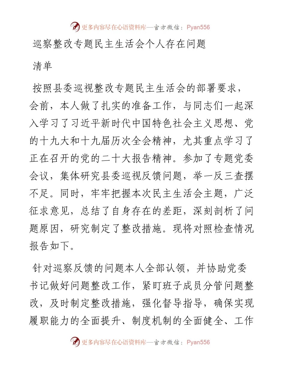 巡察整改专题民主生活会个人存在问题清单.docx_第1页