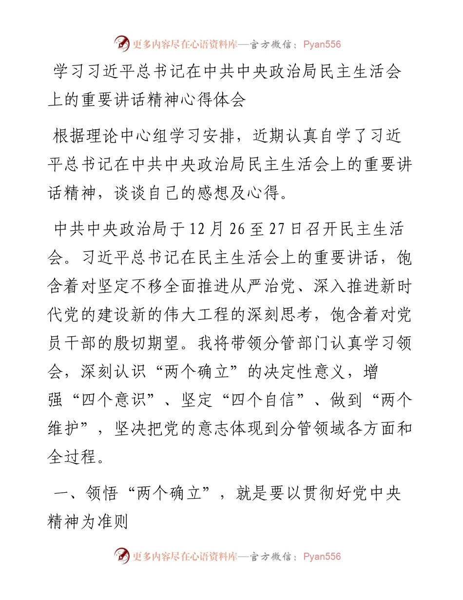 学习习近平总书记在中共中央政治局民主生活会上的重要讲话精神心得体会.docx_第1页