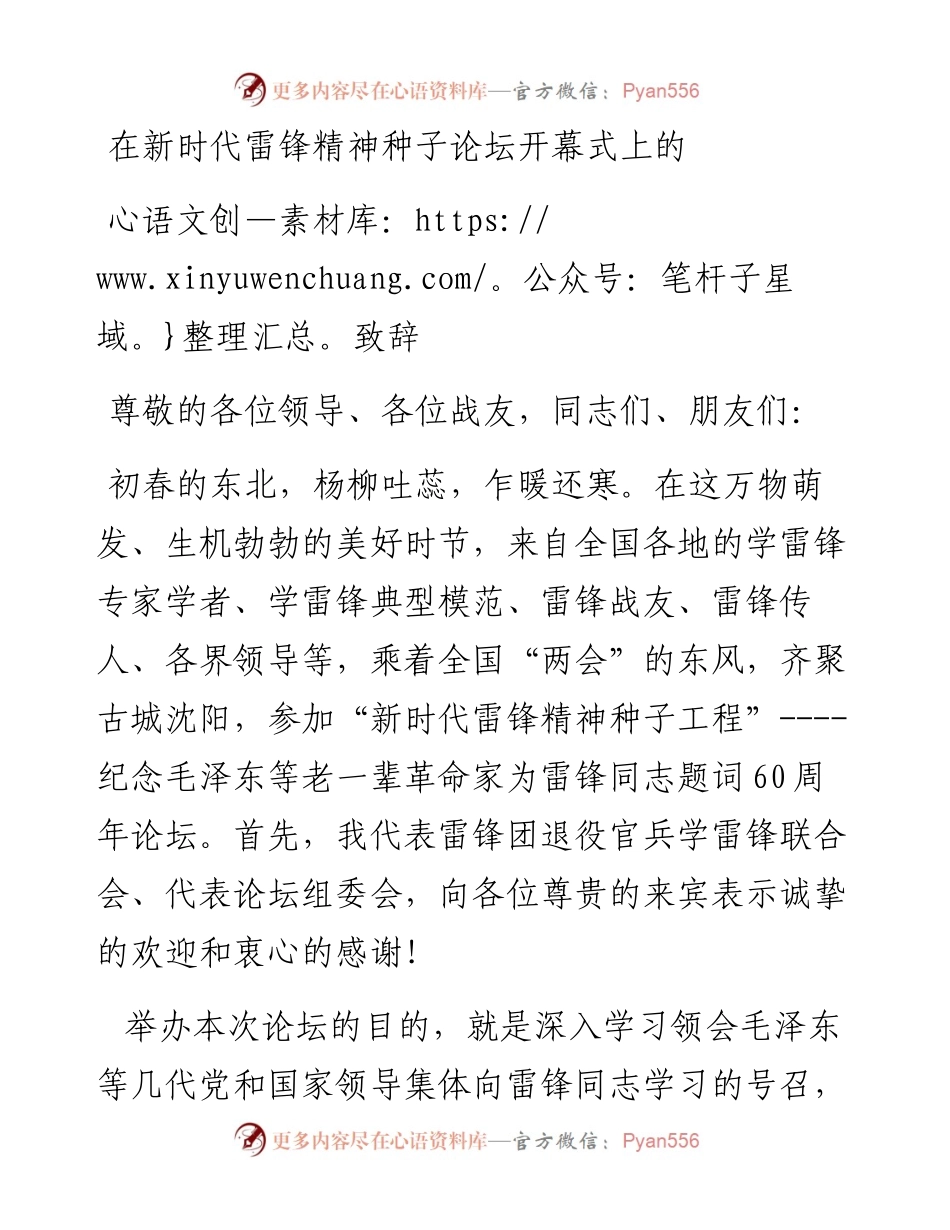 在新时代雷锋精神种子论坛开幕式上的致辞.docx_第1页