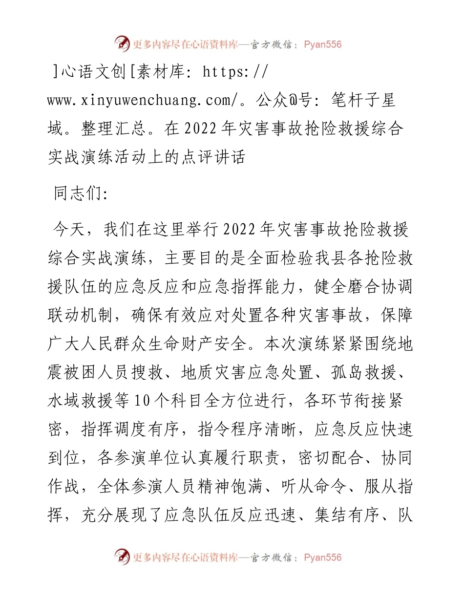 在灾害事故抢险救援综合实战演练活动上的点评讲话.docx_第1页