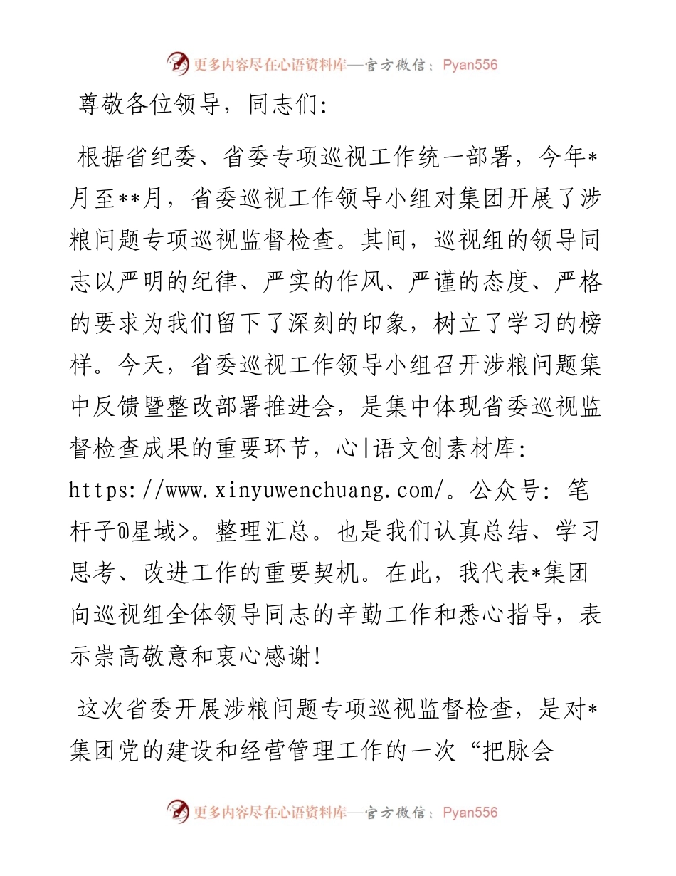 在涉粮问题集中反馈暨整改部署推进会上的表态发言.docx_第1页