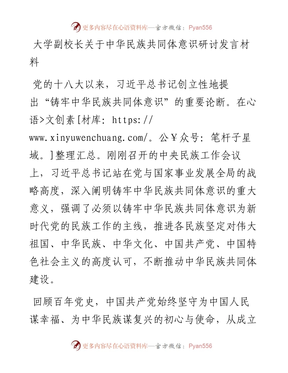 大学副校长关于中华民族共同体意识研讨发言材料.docx_第1页