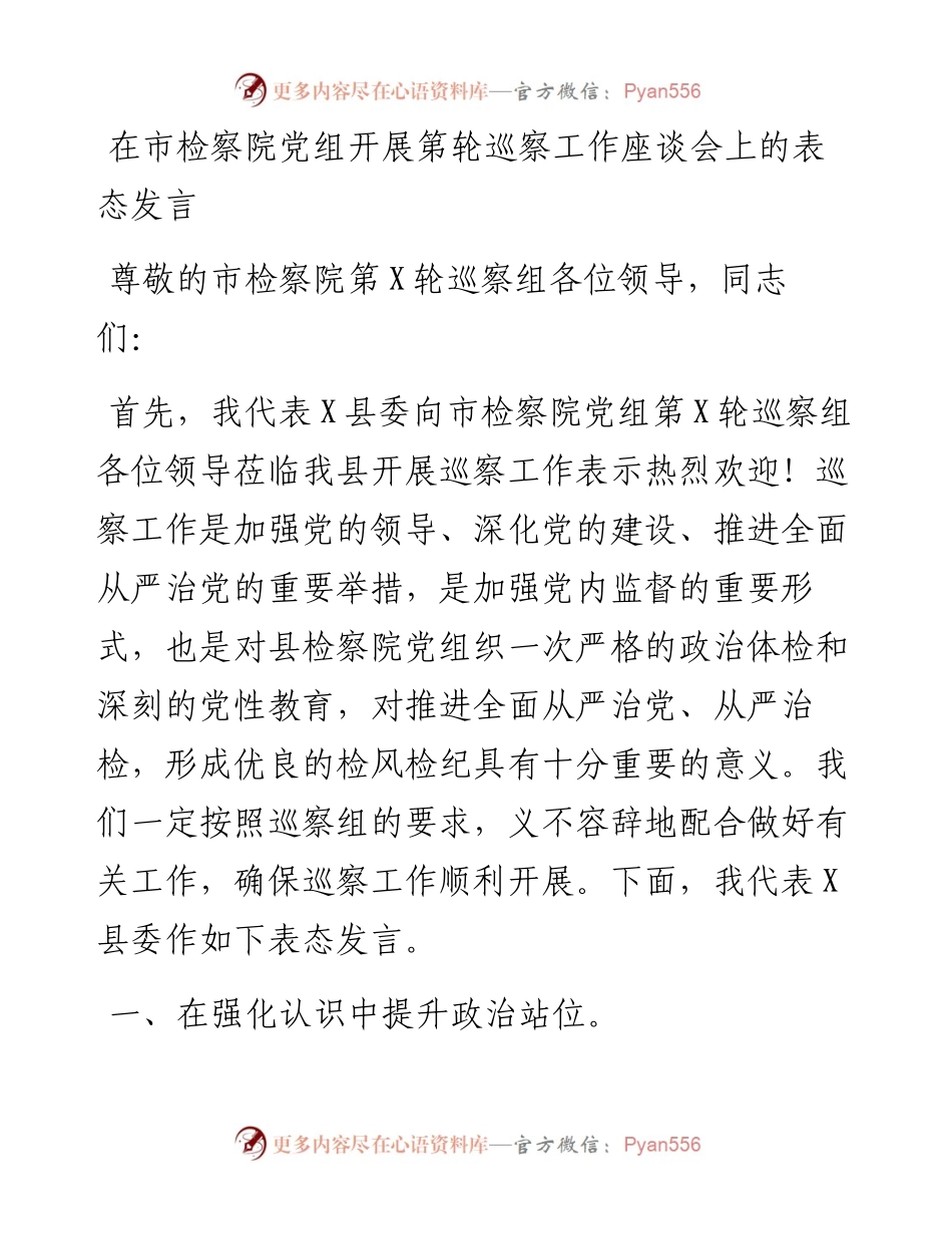 在市检察院党组开展第轮巡察工作座谈会上的表态发言.docx_第1页