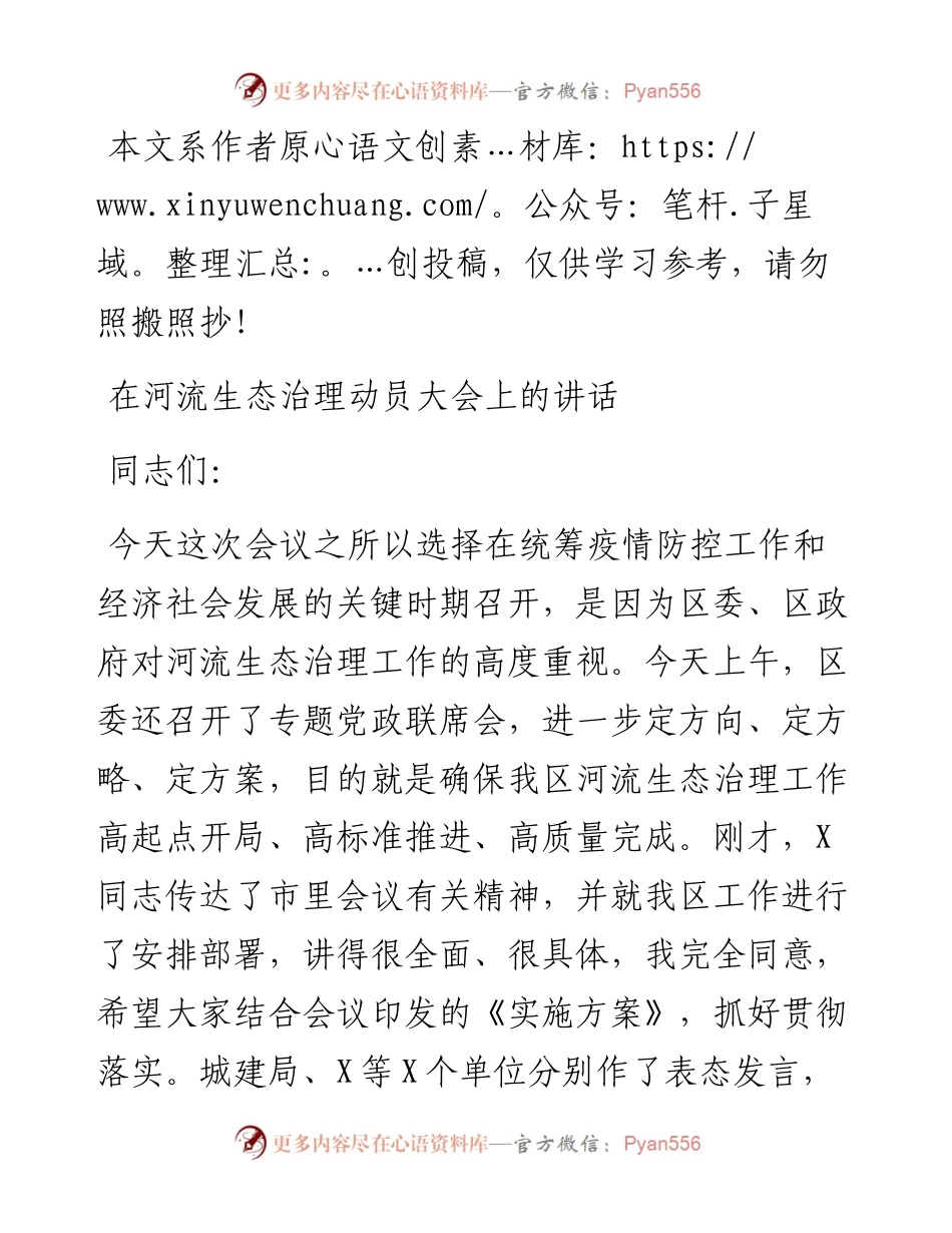 在河流生态治理动员大会上的讲话.docx_第1页