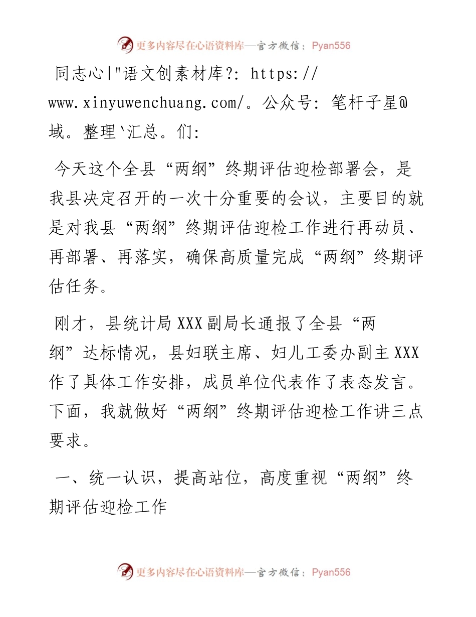 在妇儿工委“两纲”终期评估迎检工作部署会议上的讲话.docx_第1页