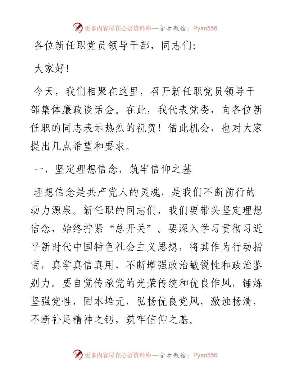 在新任职党员领导干部集体廉政谈话会上的讲话：筑牢廉政基石，共绘清廉新篇.docx_第1页