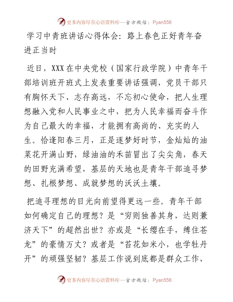 学习中青班讲话心得体会：路上春色正好青年奋进正当时.docx_第1页