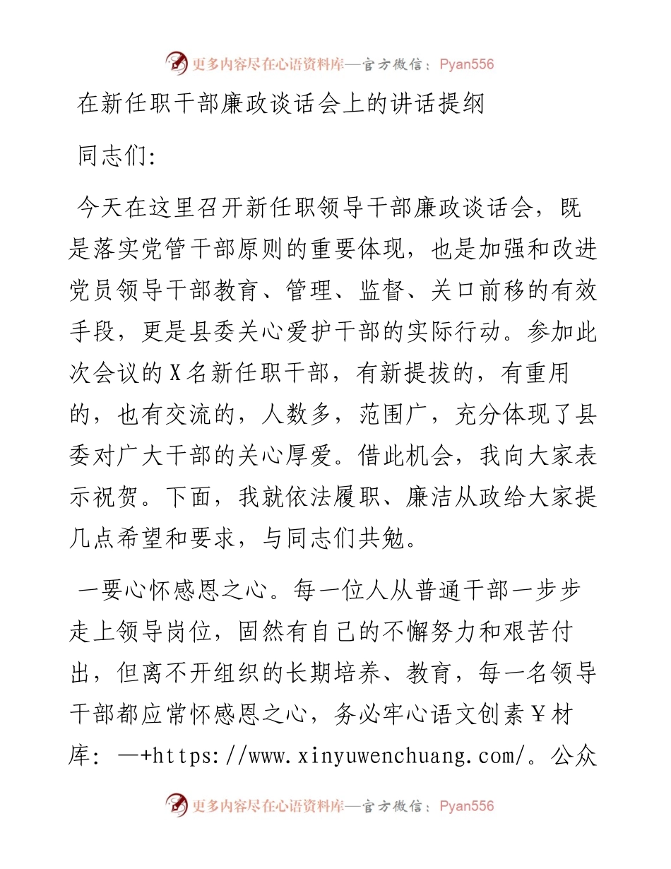 在新任职干部廉政谈话会上的讲话提纲.docx_第1页