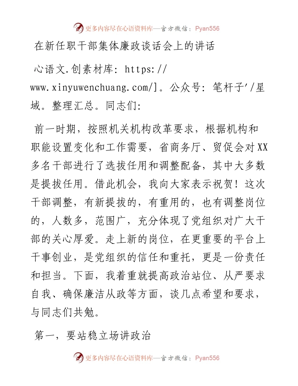 在新任职干部集体廉政谈话会上的讲话.docx_第1页