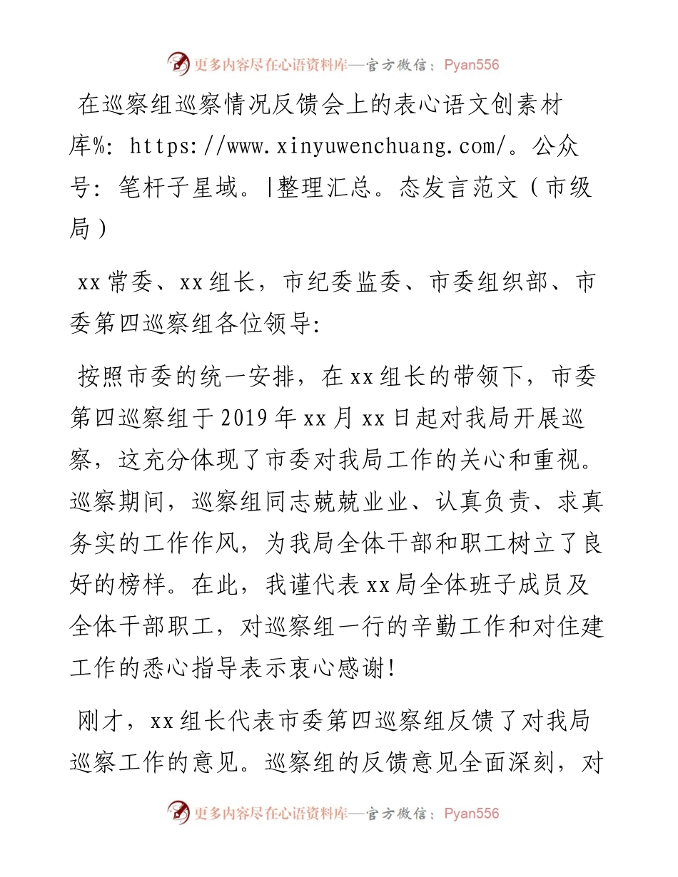 在巡察组巡察情况反馈会上的表态发言范文（市级局）.docx_第1页