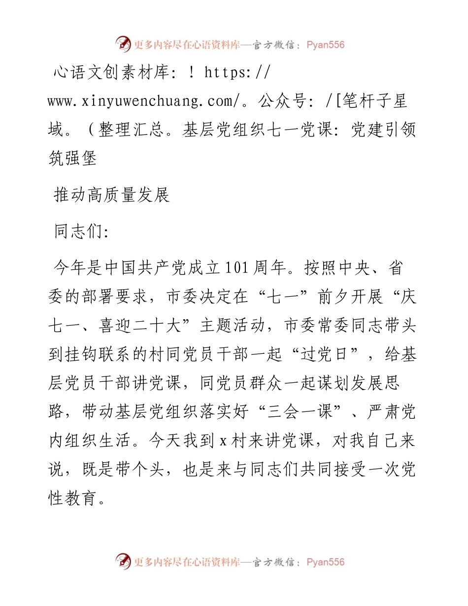 基层党组织七一党课：党建引领 筑强堡 推动高质量发展.docx_第1页
