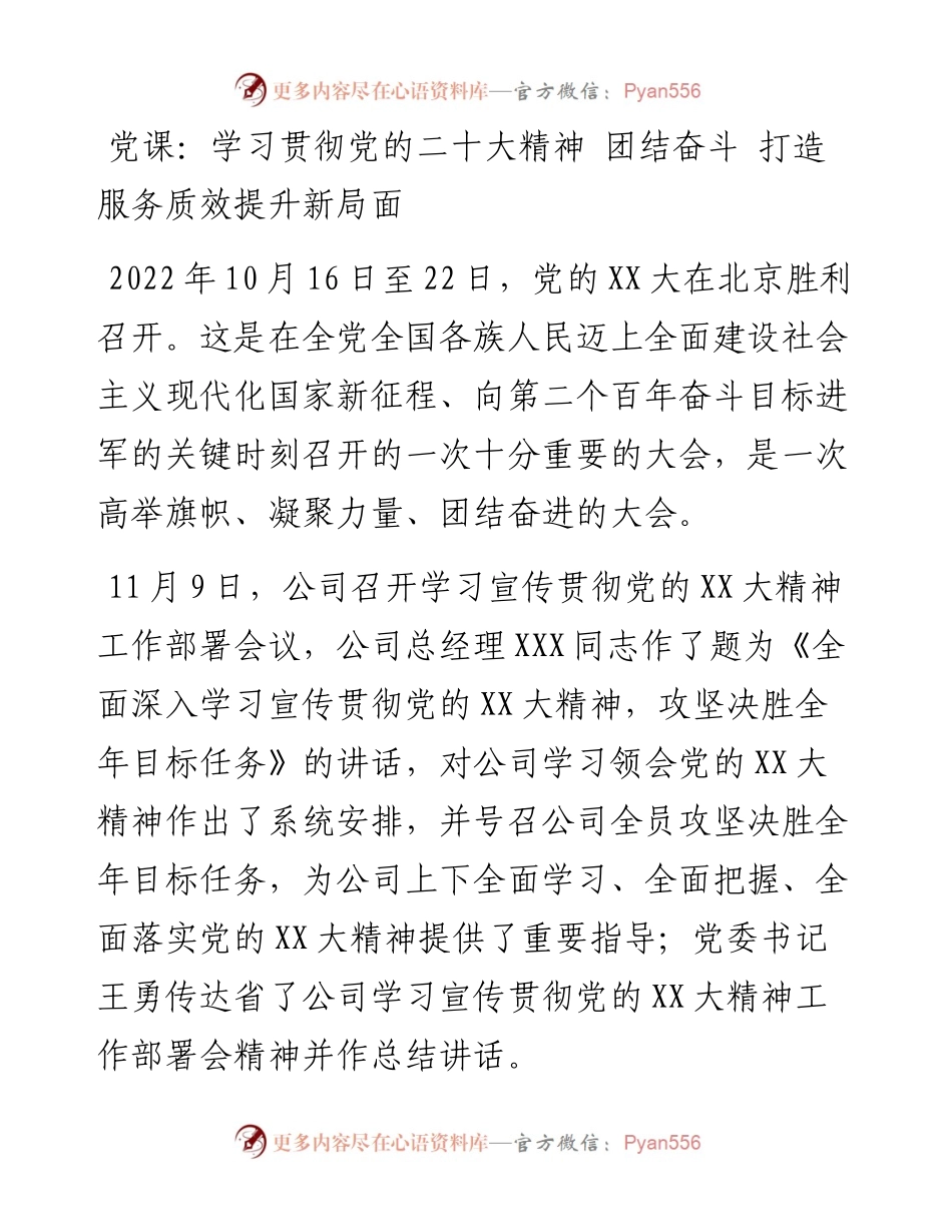 学习贯彻党的二十大精神 团结奋斗 打造服务质效提升新局面.docx_第1页