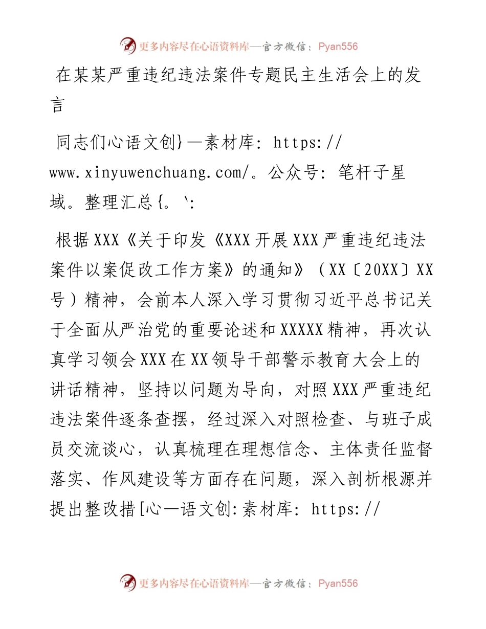 在某某严重违纪违法案件专题民主生活会上的发言.docx_第1页