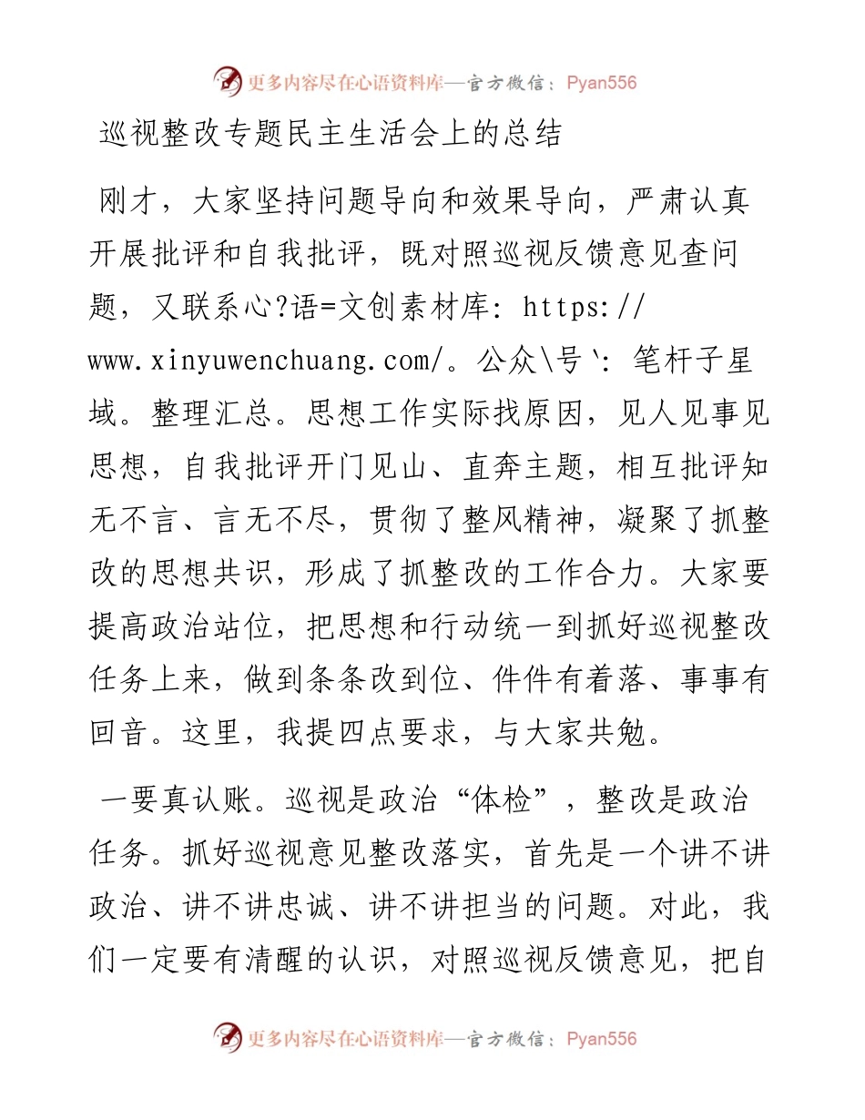 巡视整改专题民主生活会上的总结.docx_第1页