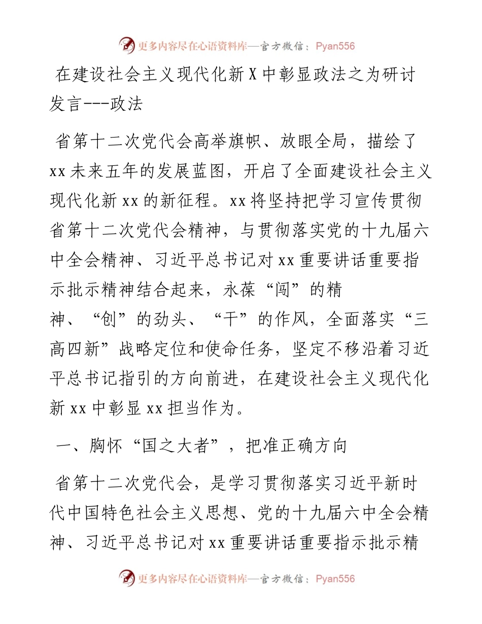 在建设社会主义现代化新X中彰显政法之为研讨发言（政法）.docx_第1页