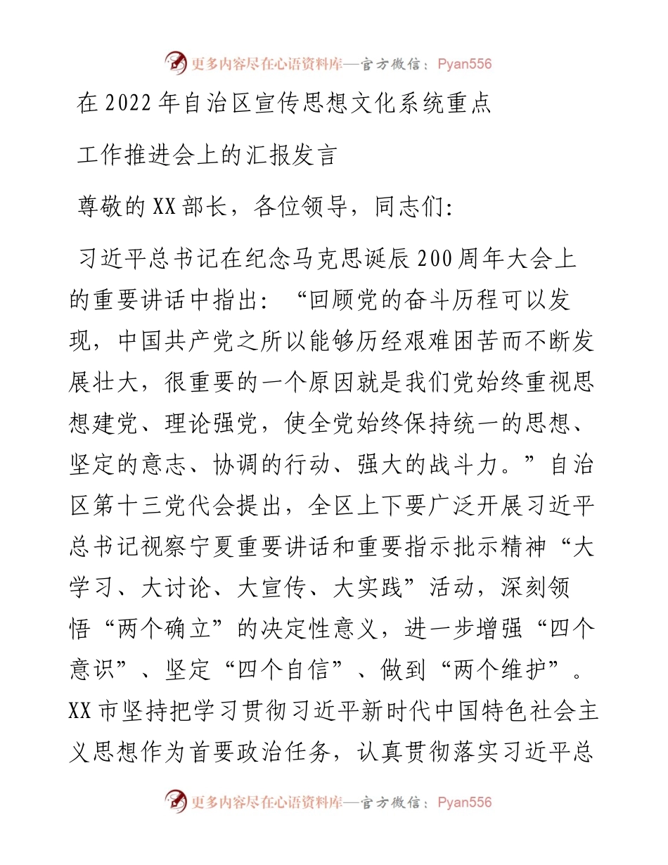 在自治区宣传思想文化系统重点工作推进会上的汇报发言.docx_第1页