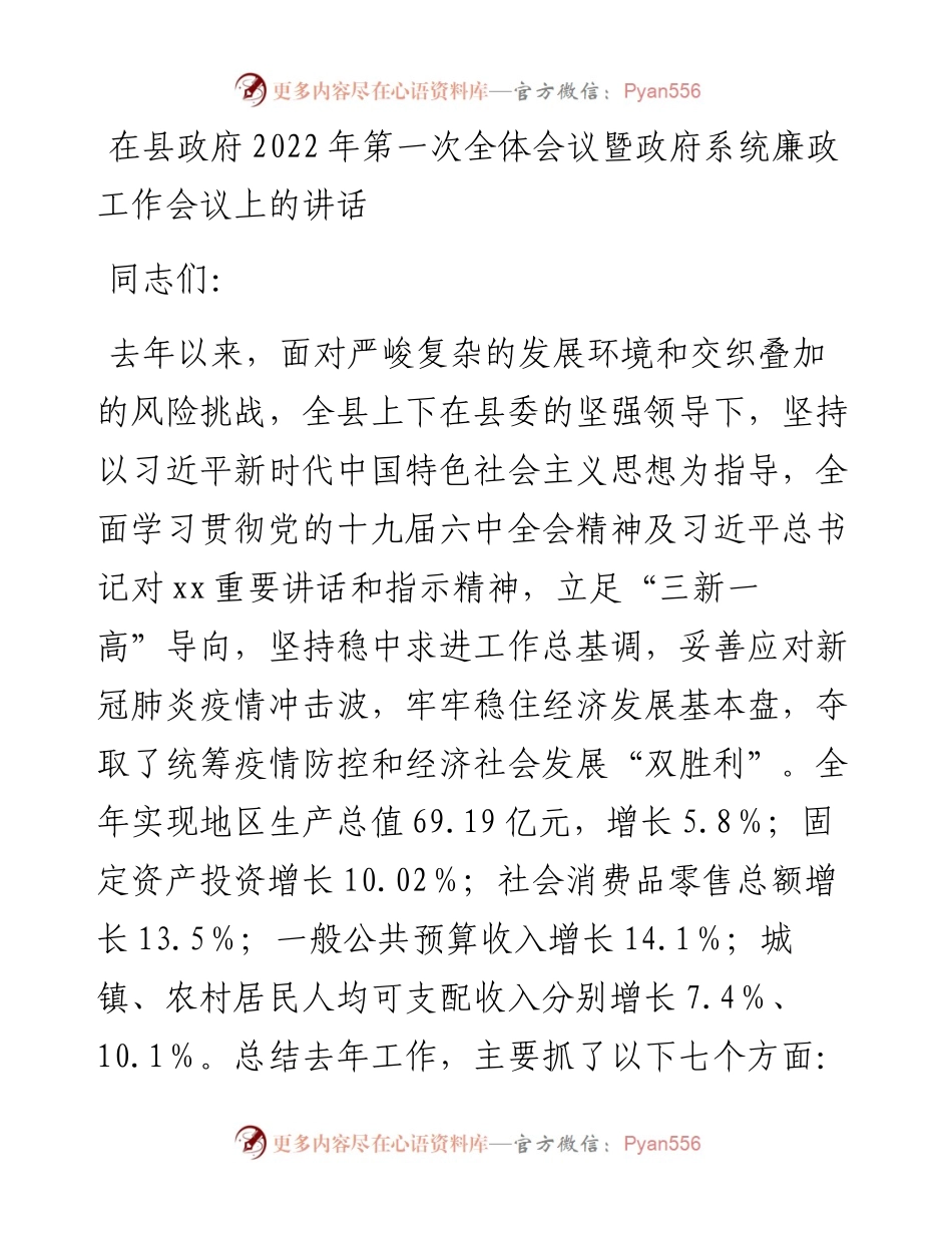 在县政府第一次全体会议暨政府系统廉政工作会议上的讲话.docx_第1页
