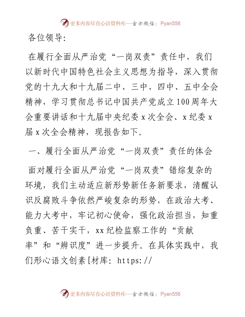 履行全面从严治党“一岗双责”责任报告（纪委书记）.docx_第1页