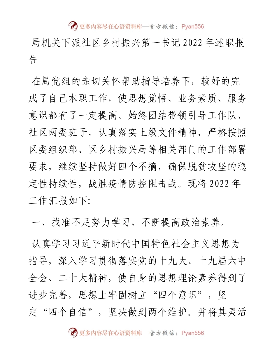 局机关下派社区乡村振兴第一书记述职报告.docx_第1页