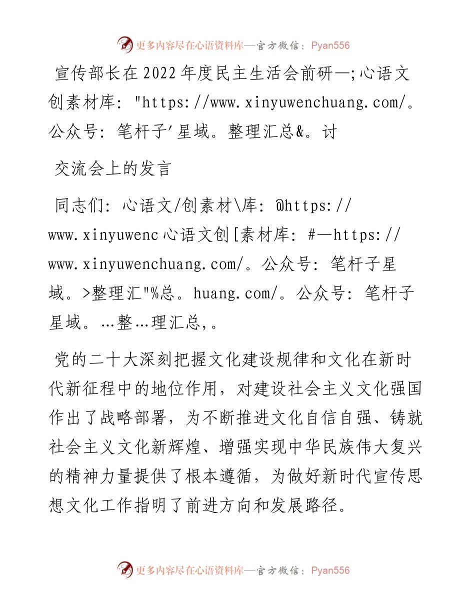 宣传部长在度民主生活会前研讨交流会上的发言.docx_第1页