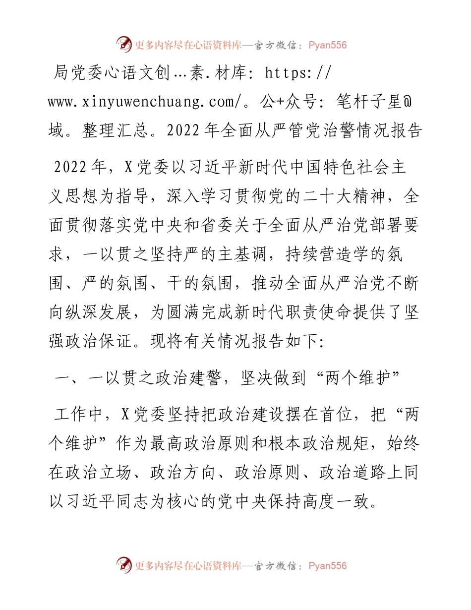 局党委全面从严管党治警情况报告.docx_第1页