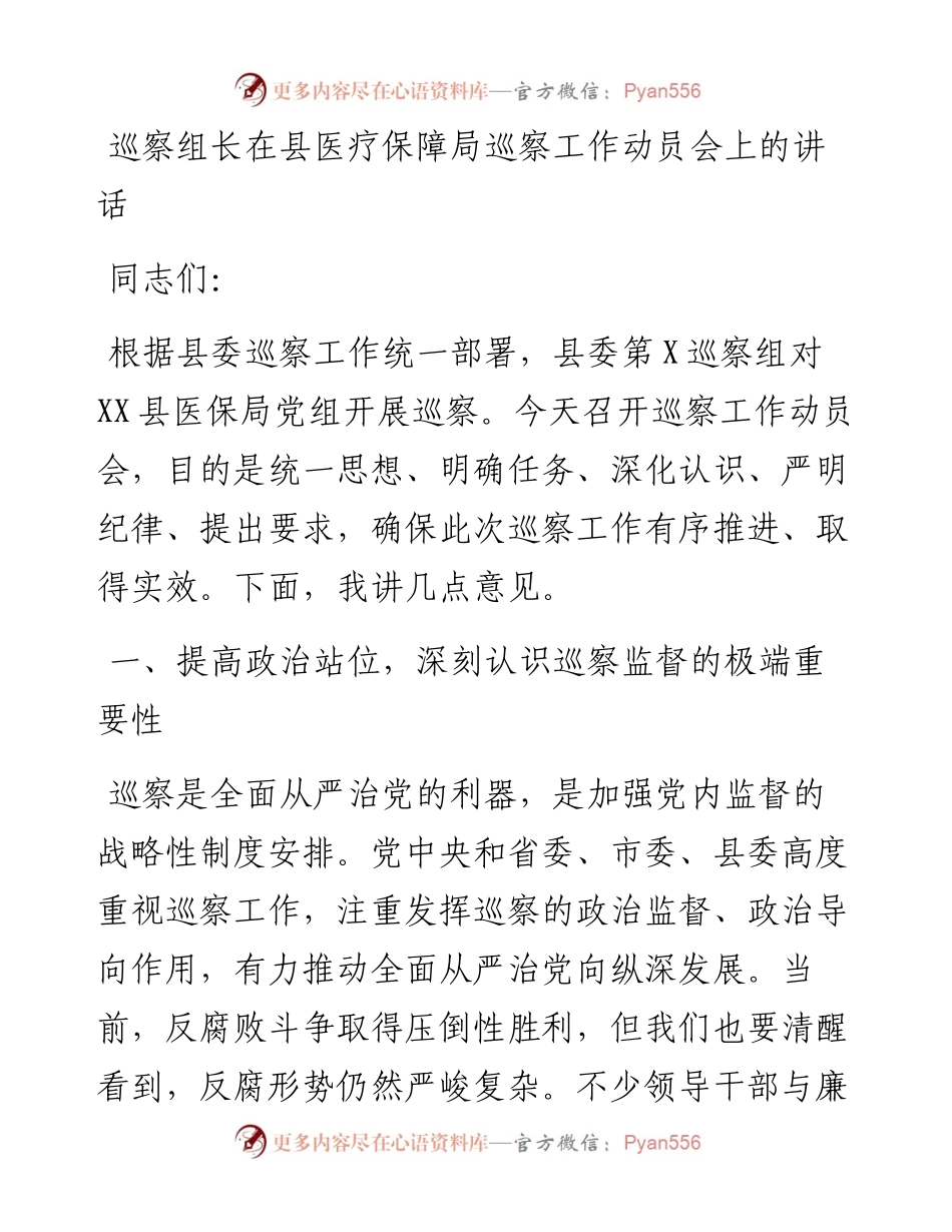 巡察组长在县医疗保障局巡察工作动员会上的讲话.docx_第1页