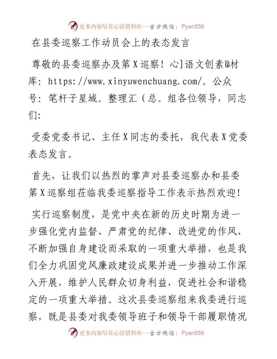 在县委巡察工作动员会上的表态发言 (2).docx_第1页