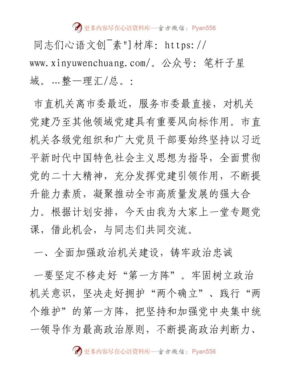 在市直机关党务干部主题教育专题读书班上的党课讲稿.docx_第1页
