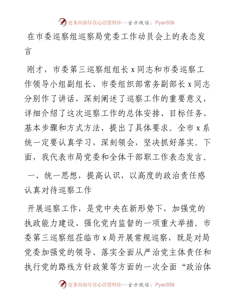 在市委巡察组巡察局党委工作动员会上的表态发言.docx_第1页