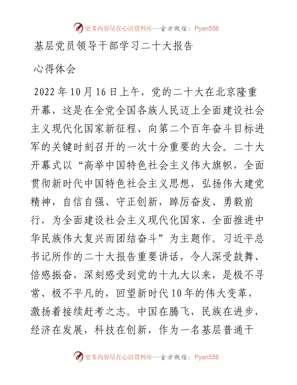 基层党员领导干部学习二十大报告心得体会.docx_第1页