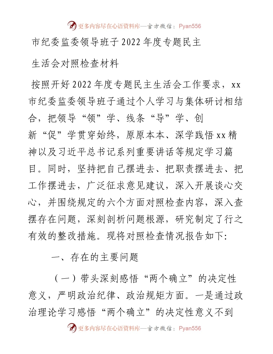 市纪委监委领导班子度专题民主生活会对照检查材料.docx_第1页