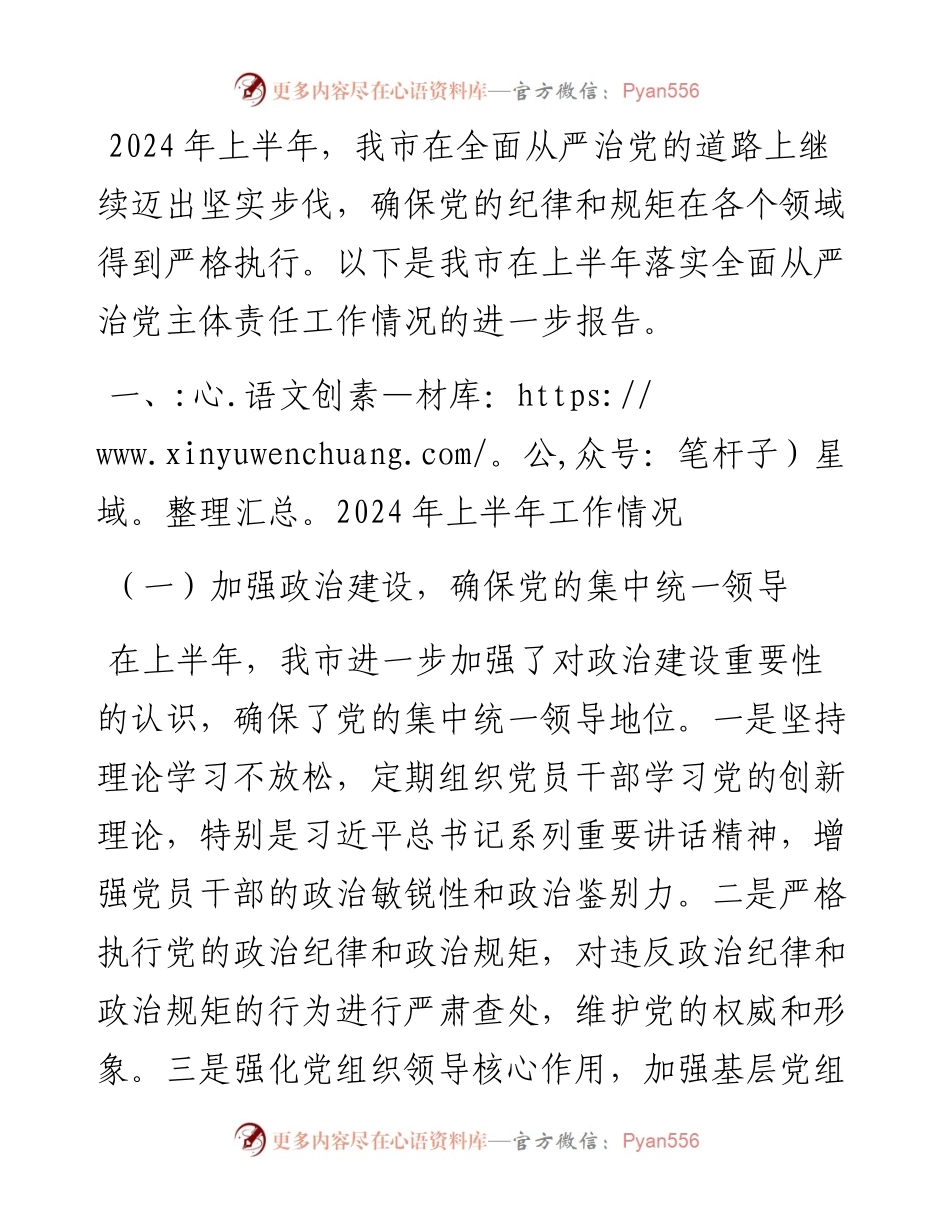 市长2024年上半年落实全面从严治党主体责任工作情况报告.docx_第1页