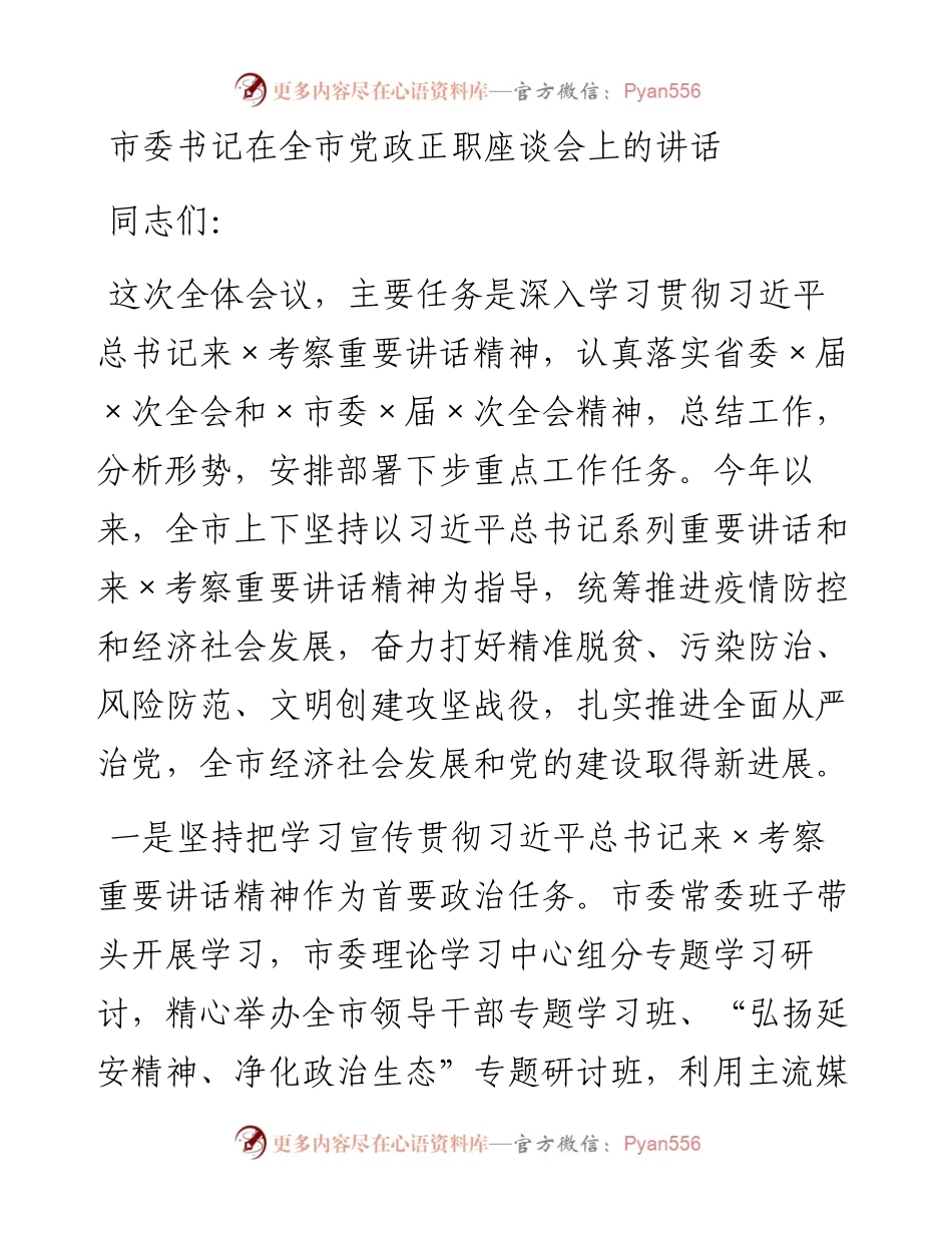 市委书记在全市党政正职座谈会上的讲话(1).docx_第1页