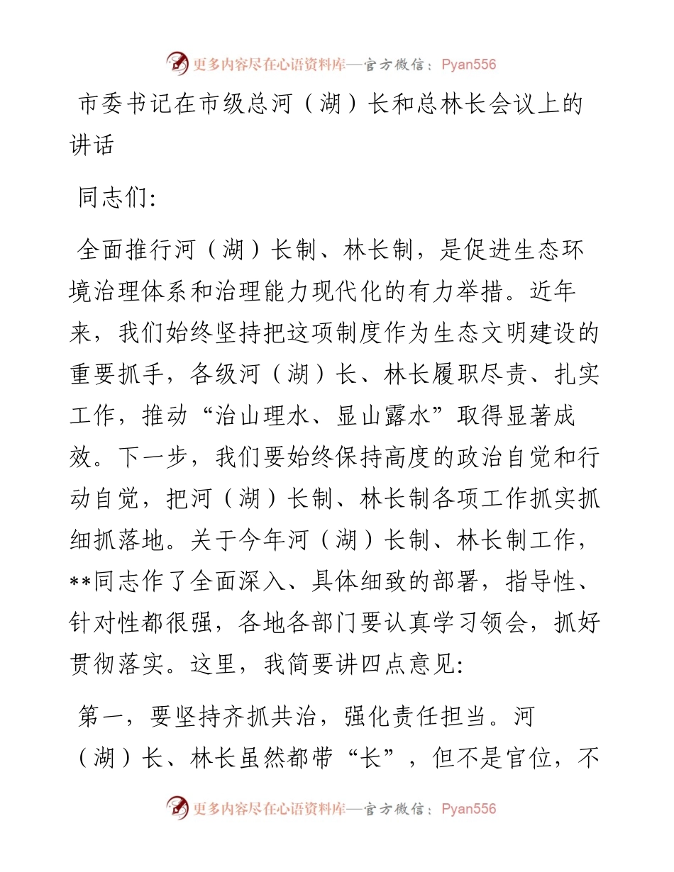 市委书记在市级总河（湖）长和总林长会议上的讲话.docx_第1页