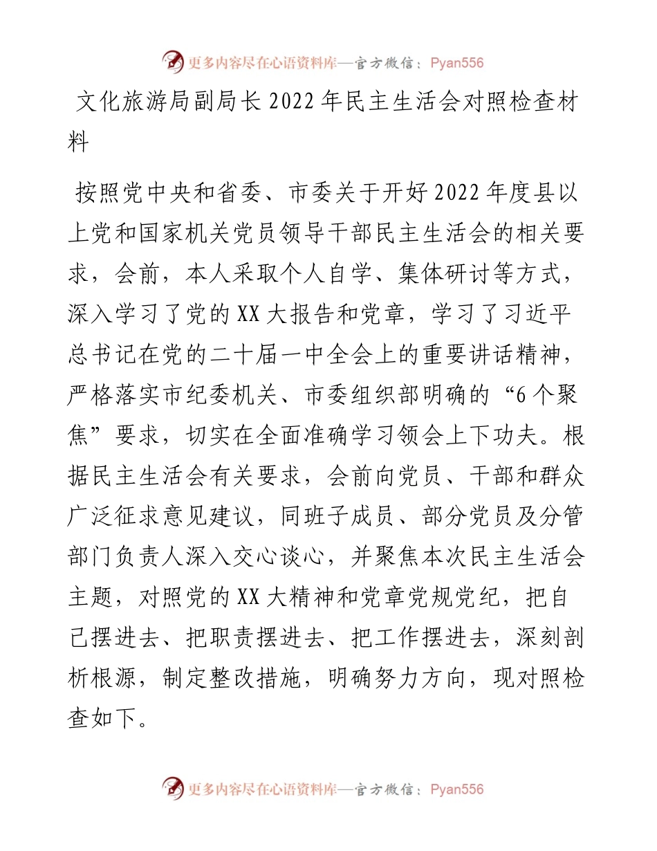 文化旅游局副局长民主生活会对照检查材料.docx_第1页