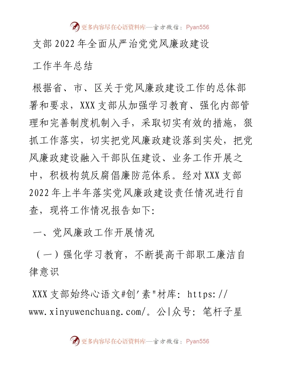 支部全面从严治党党风廉政建设工作半年总结.docx_第1页