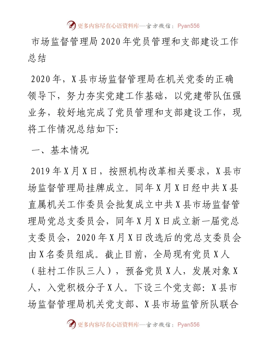 市场监督管理局党员管理和支部建设工作总结.docx_第1页