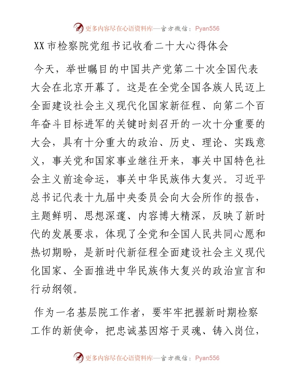 市检察院党组书记收看二十大心得体会.docx_第1页
