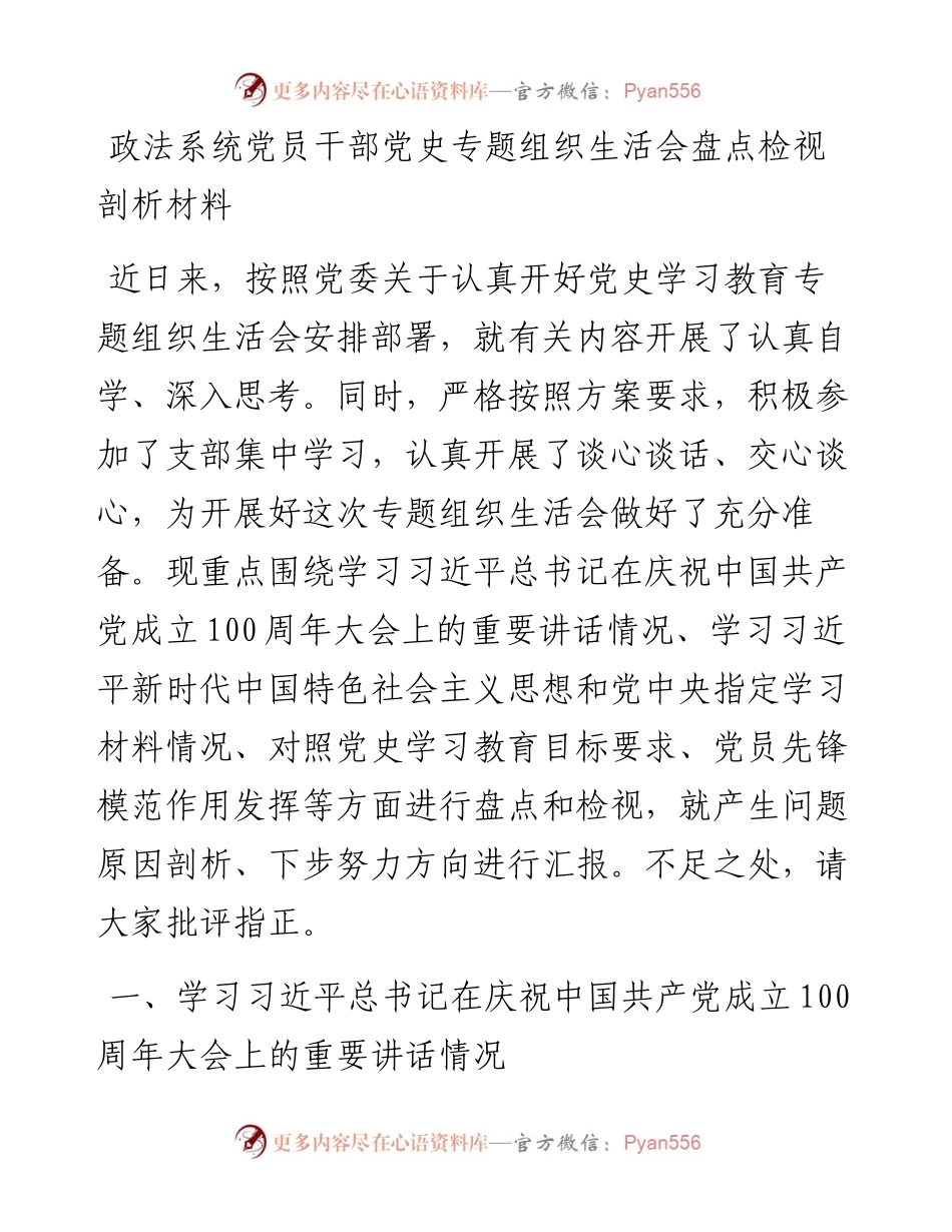 政法系统党员干部党史专题组织生活会盘点检视剖析材料.docx_第1页