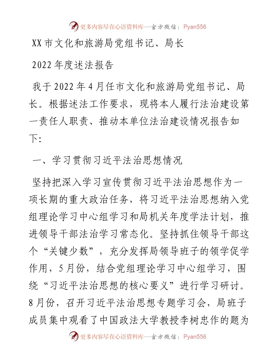 市文化和旅游局党组书记、局长度述法报告.docx_第1页