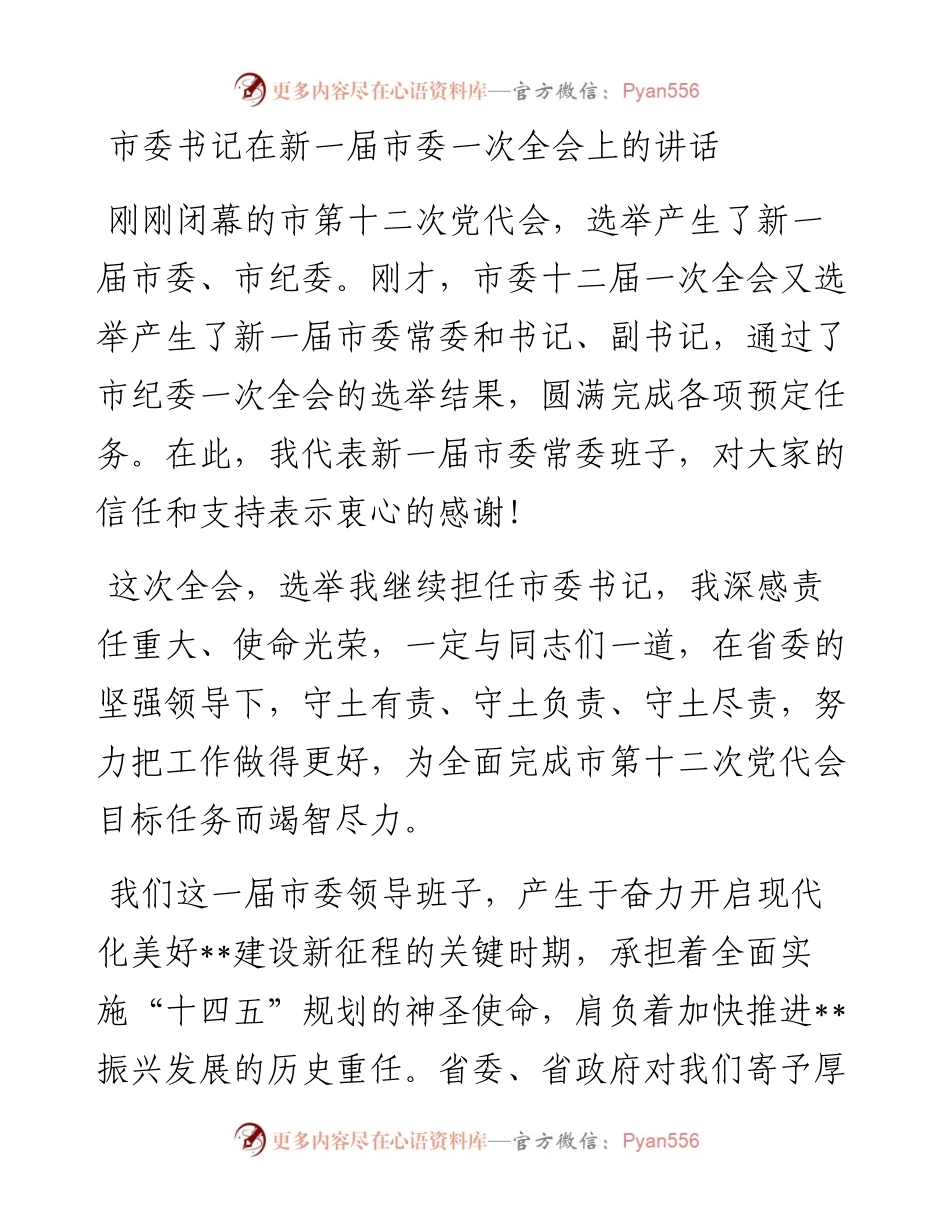 市委书记在新一届市委一次全会上的讲话.docx_第1页