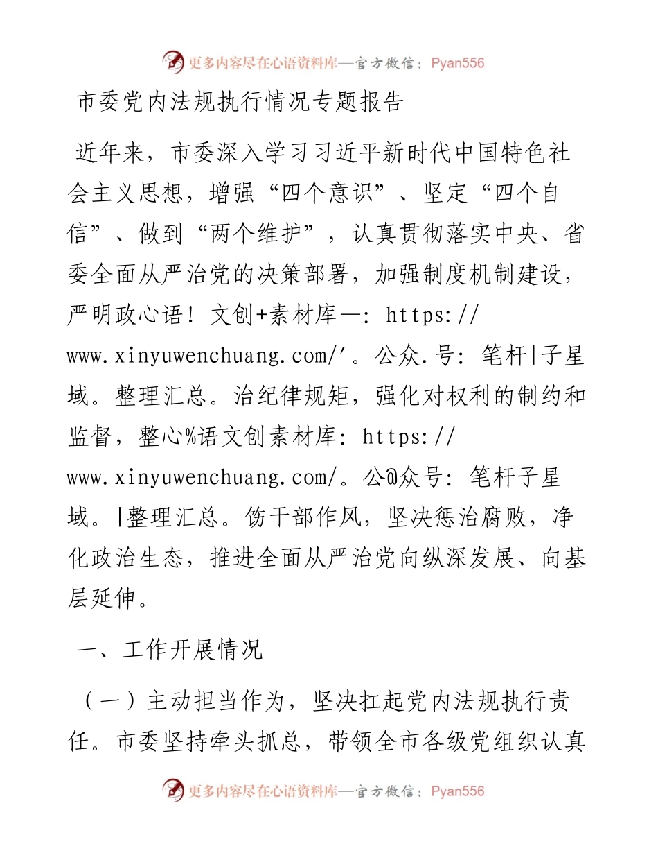市委党内法规执行情况专题报告.docx_第1页