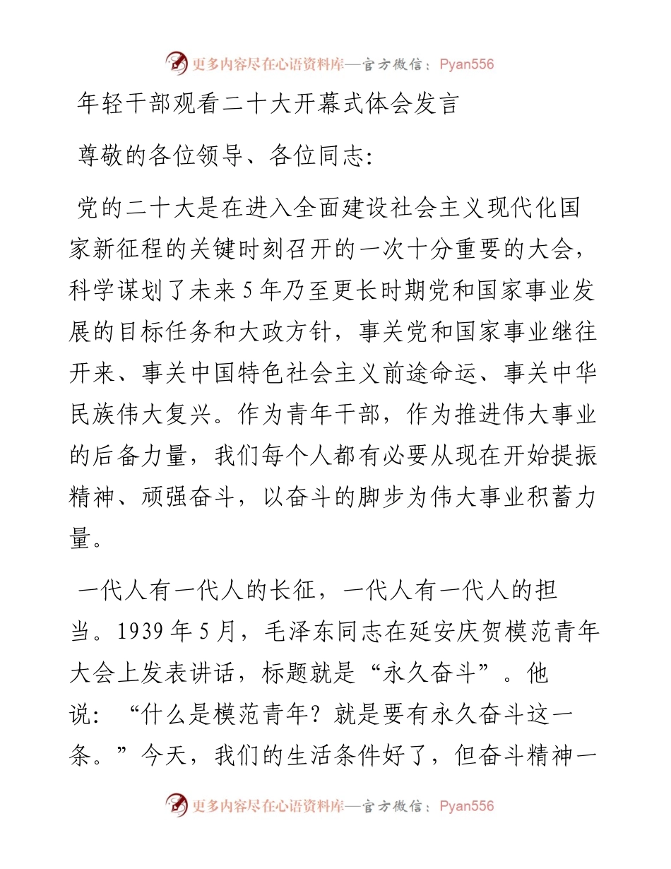 年轻干部观看二十大开幕式体会发言.docx_第1页