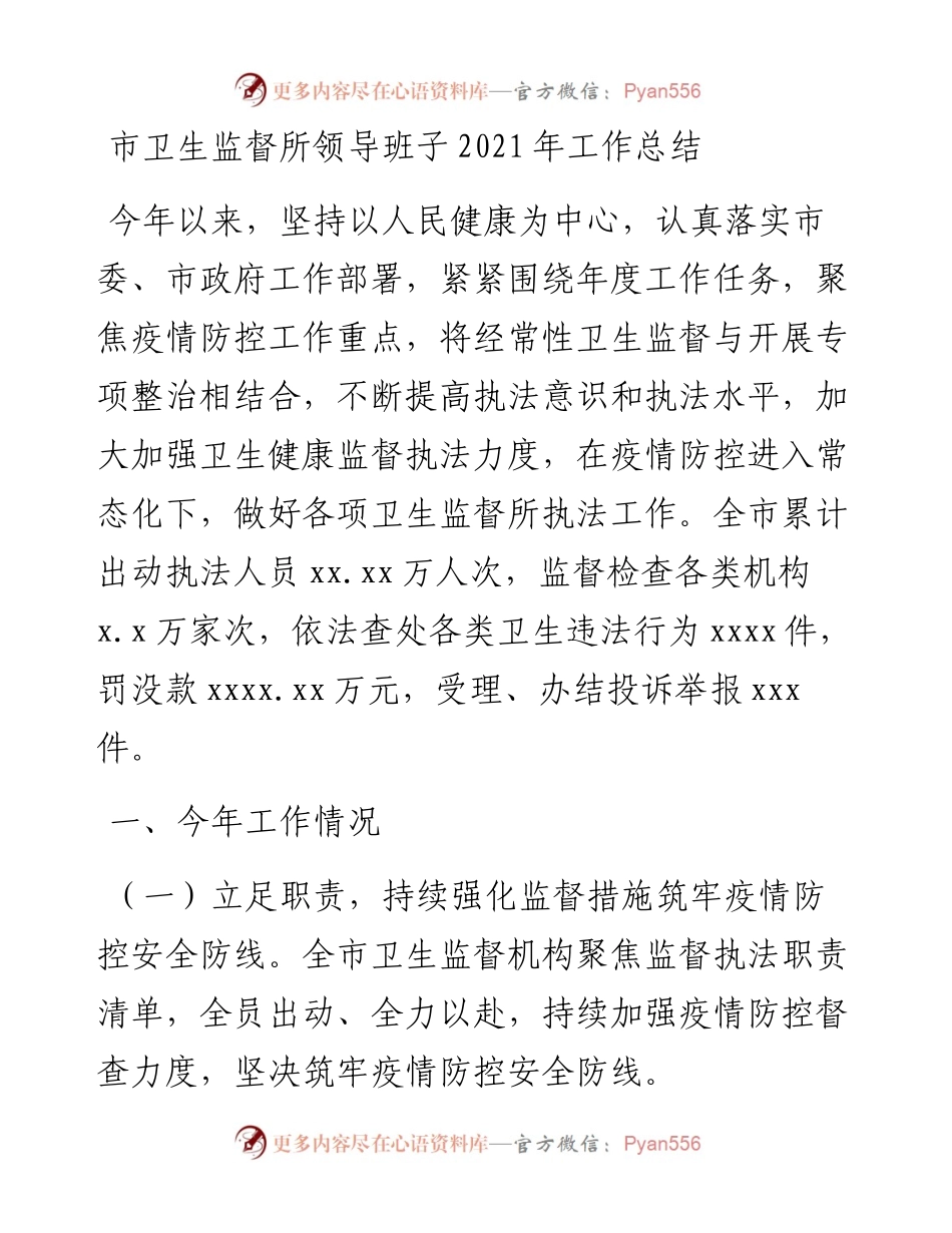 市卫生监督所领导班子工作总结.docx_第1页