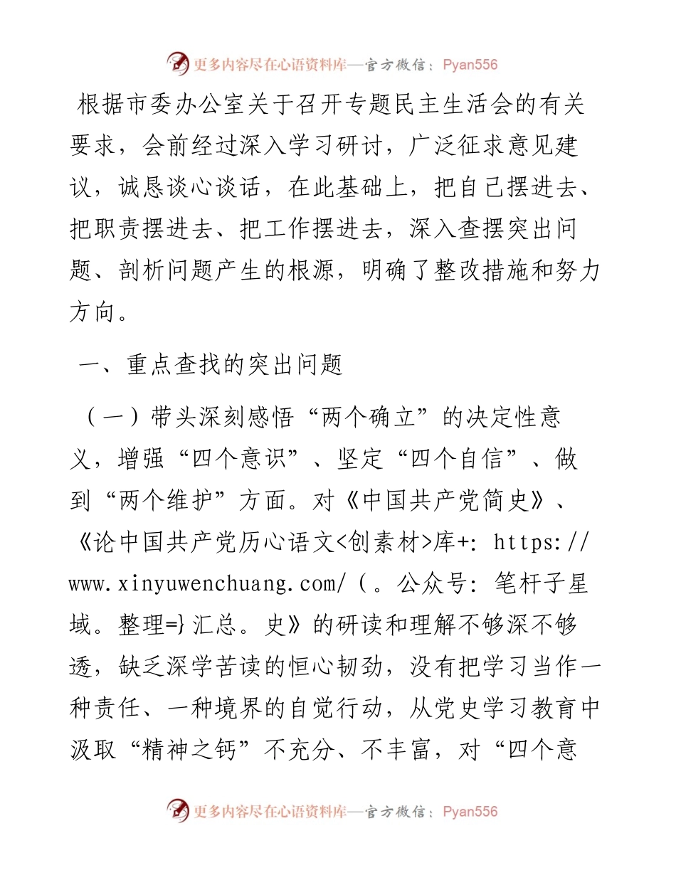 市委办公室民主生活会对照检查发言提纲.docx_第1页