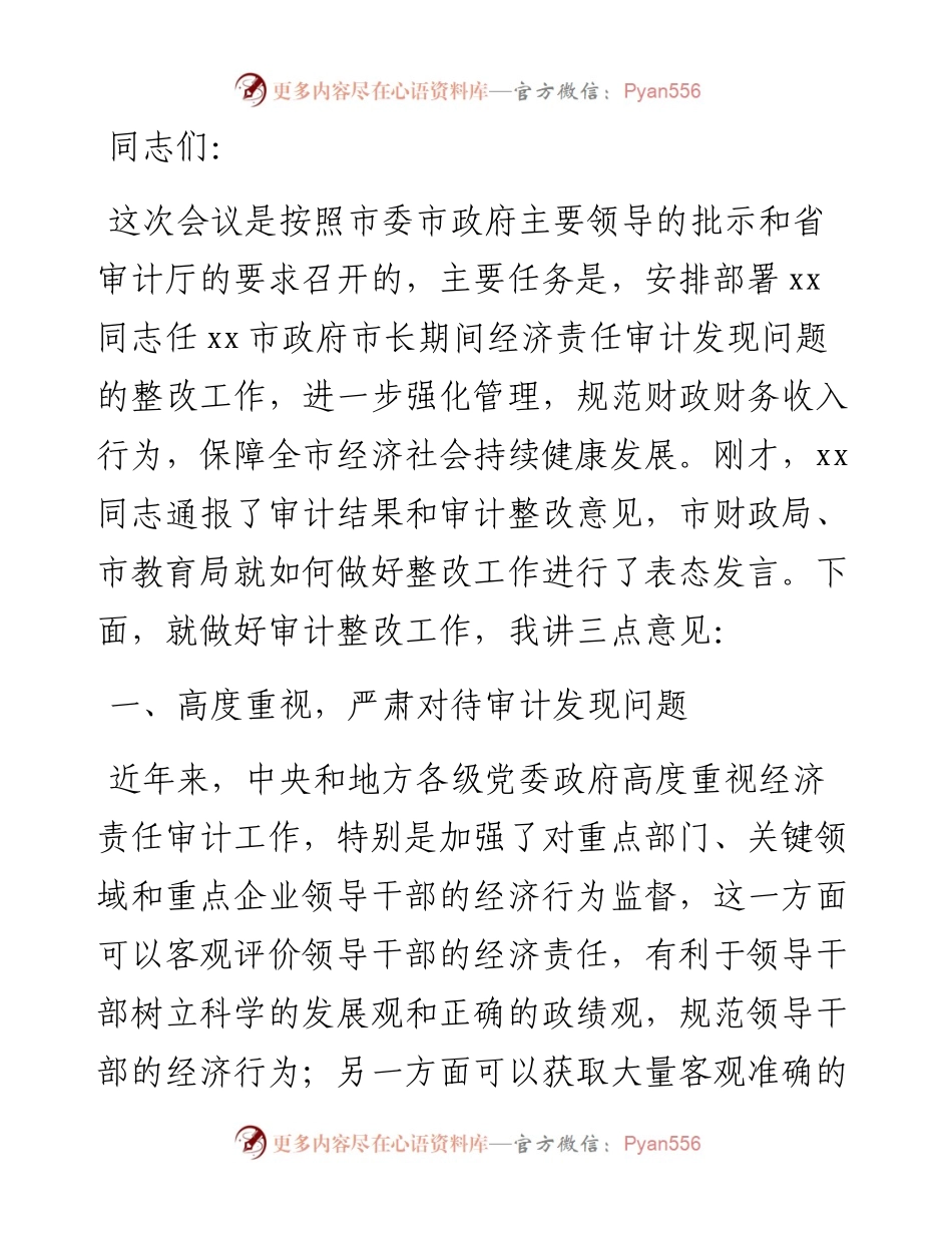 市长在全市经济责任审计整改工作会议上的讲话.docx_第1页